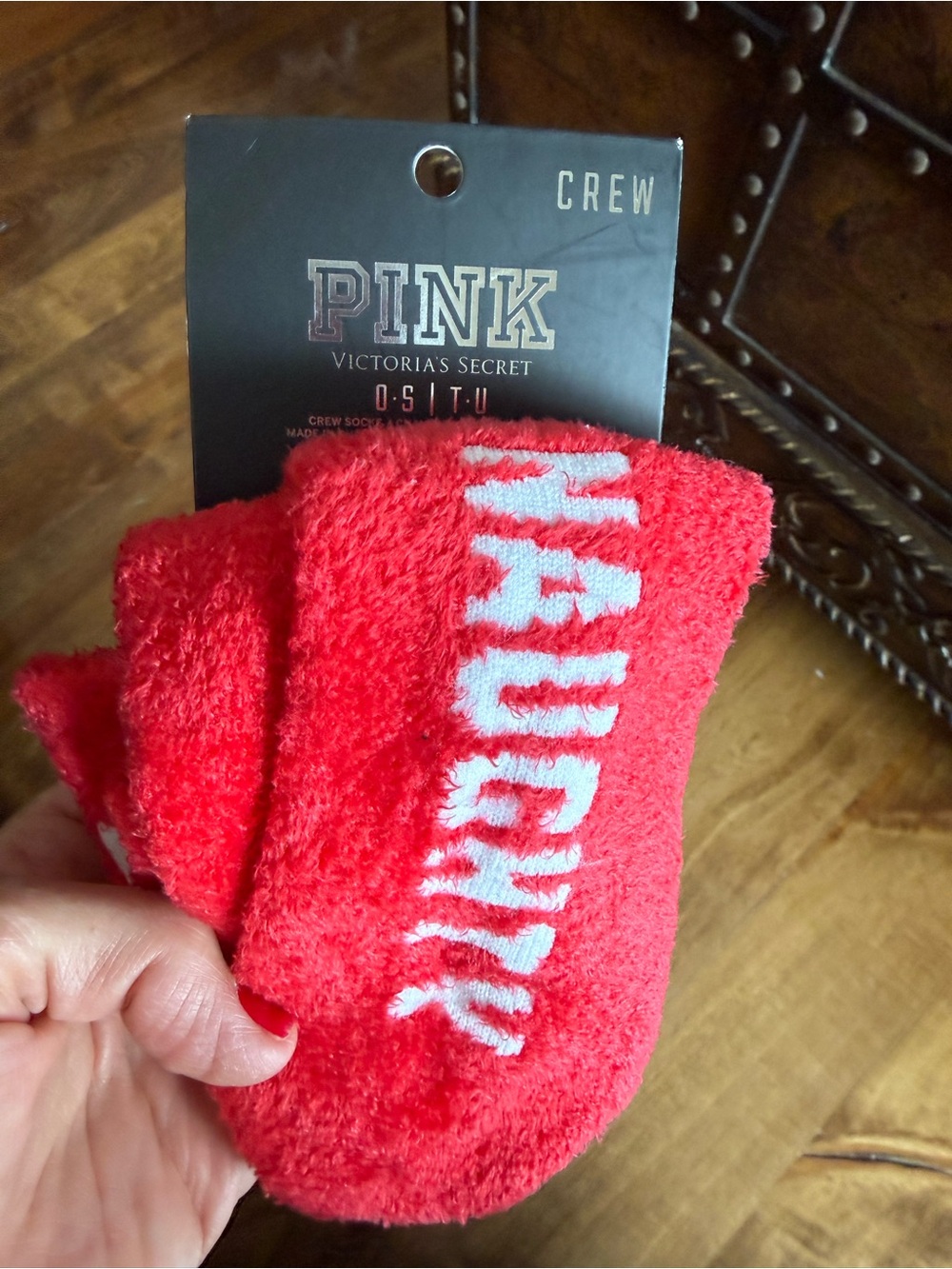Victoria's Secret Pink Fleece Holiday Naughty Nice Crew Socks Red One Size NEW